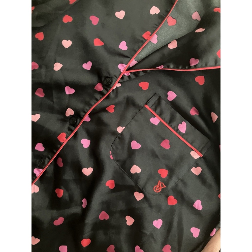Victoria Secret Heart Print Pajama Satin Top Black Pink Red Lounge Sleepwear Lg - Picture 3 of 7